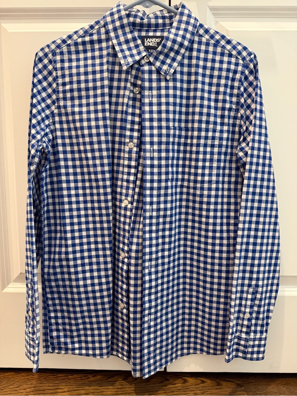 Lands' End boys XXL Blue and White Gingham Button-Down Shirt new without tags